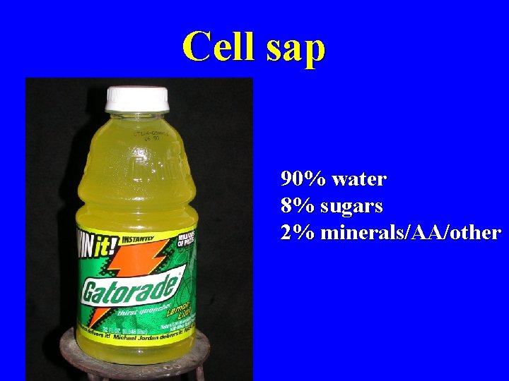 Cell sap 90% water 8% sugars 2% minerals/AA/other 