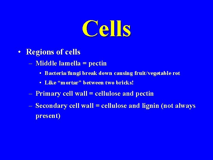Cells • Regions of cells – Middle lamella = pectin • Bacteria/fungi break down
