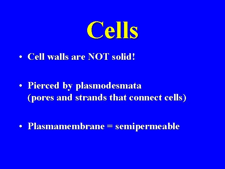 Cells • Cell walls are NOT solid! • Pierced by plasmodesmata (pores and strands