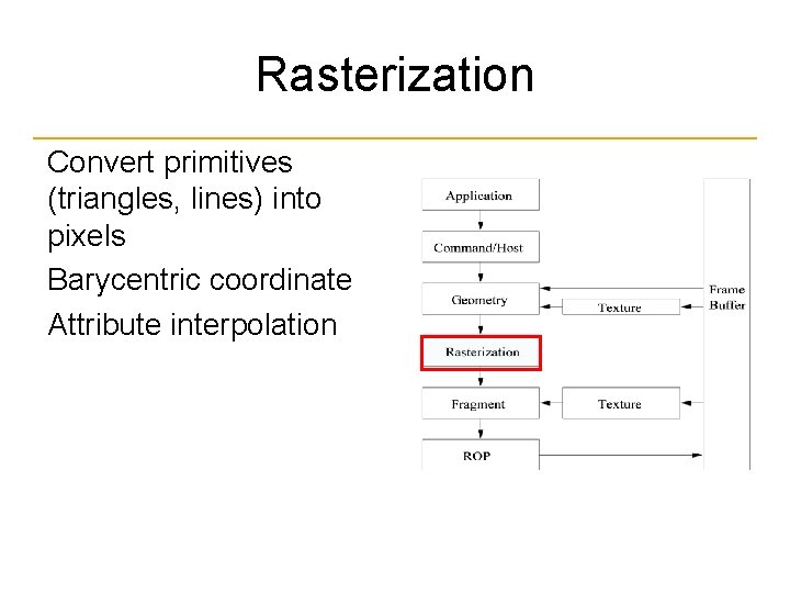 Rasterization Convert primitives (triangles, lines) into pixels Barycentric coordinate Attribute interpolation 