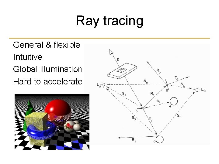 Ray tracing General & flexible Intuitive Global illumination Hard to accelerate 
