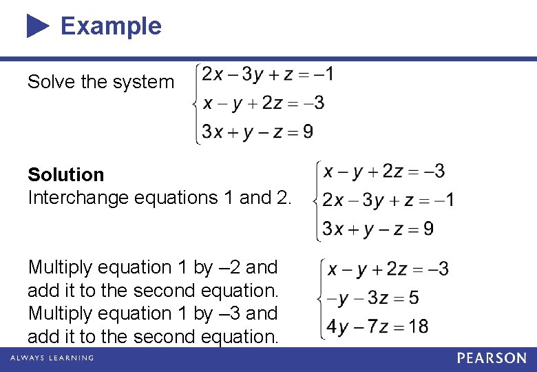 Example Solve the system Solution Interchange equations 1 and 2. Multiply equation 1 by