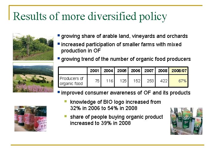 Results of more diversified policy § growing share of arable land, vineyards and orchards