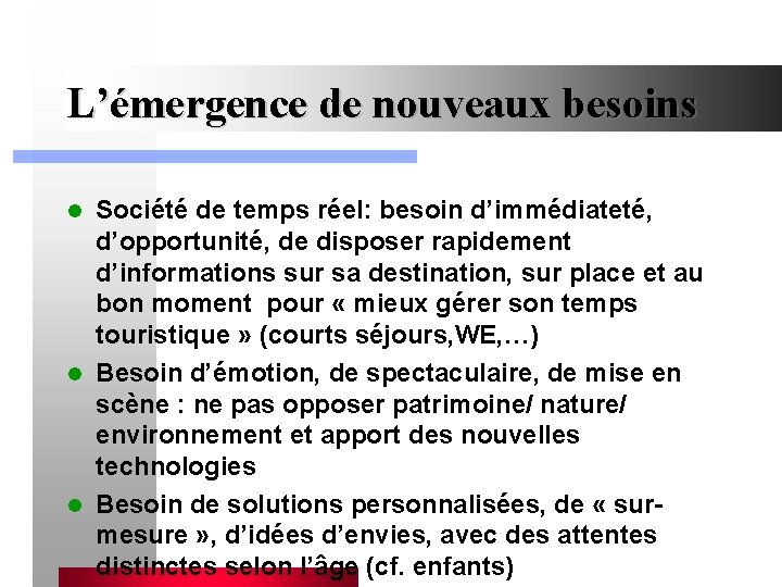L’émergence de nouveaux besoins Société de temps réel: besoin d’immédiateté, d’opportunité, de disposer rapidement