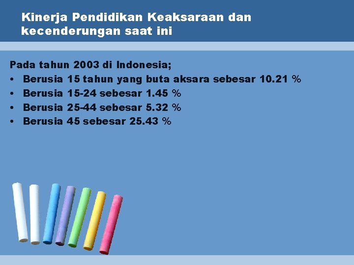 Kinerja Pendidikan Keaksaraan dan kecenderungan saat ini Pada tahun 2003 di Indonesia; • Berusia