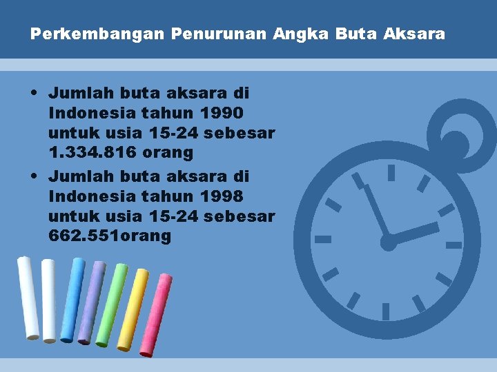 Perkembangan Penurunan Angka Buta Aksara • Jumlah buta aksara di Indonesia tahun 1990 untuk