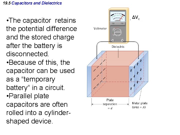 19. 5 Capacitors and Dielectrics • The capacitor retains the potential difference and the
