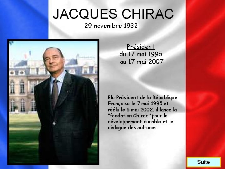 JACQUES CHIRAC 29 novembre 1932 - Président du 17 mai 1995 au 17 mai