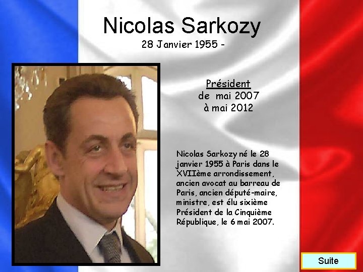 Nicolas Sarkozy 28 Janvier 1955 - Président de mai 2007 à mai 2012 Nicolas