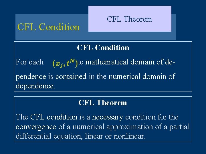 CFL Condition CFL Theorem CFL Condition For each the mathematical domain of de- pendence