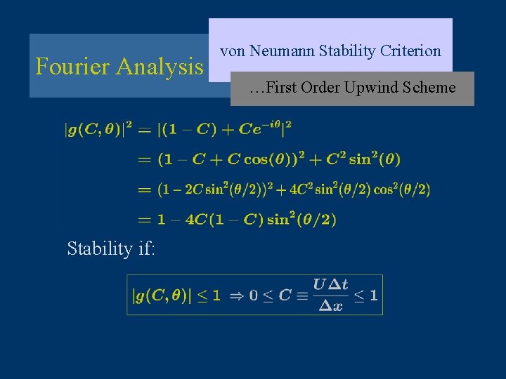 Fourier Analysis Stability if: von Neumann Stability Criterion …First Order Upwind Scheme 