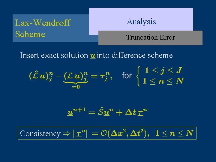 Lax-Wendroff Scheme Insert exact solution Consistency Analysis Truncation Error into difference scheme 
