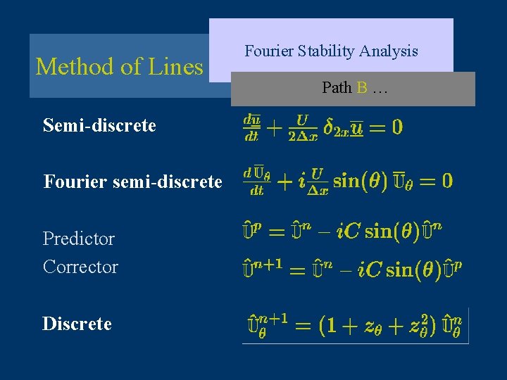 Method of Lines Semi-discrete Fourier semi-discrete Predictor Corrector Discrete Fourier Stability Analysis Path B
