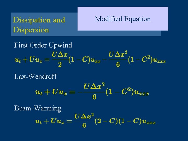 Dissipation and Dispersion First Order Upwind Lax-Wendroff Beam-Warming Modified Equation 