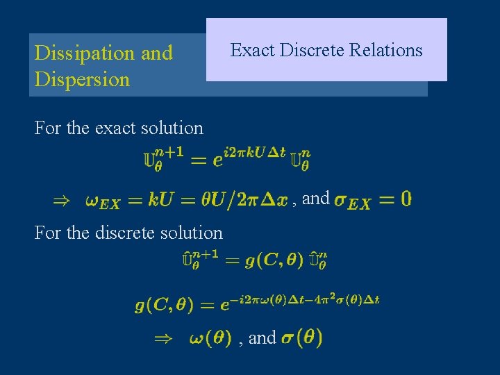 Dissipation and Dispersion Exact Discrete Relations For the exact solution , and For the