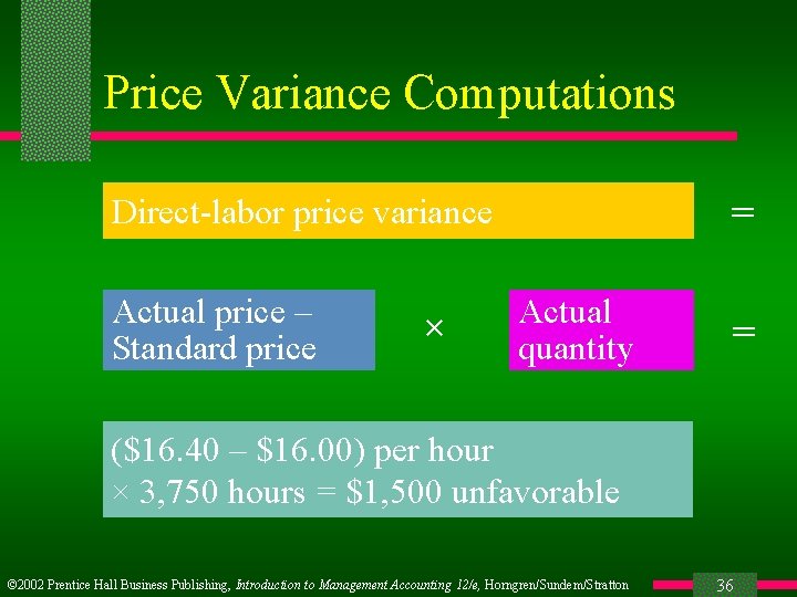 Price Variance Computations = Direct-labor price variance Actual price – Standard price × Actual