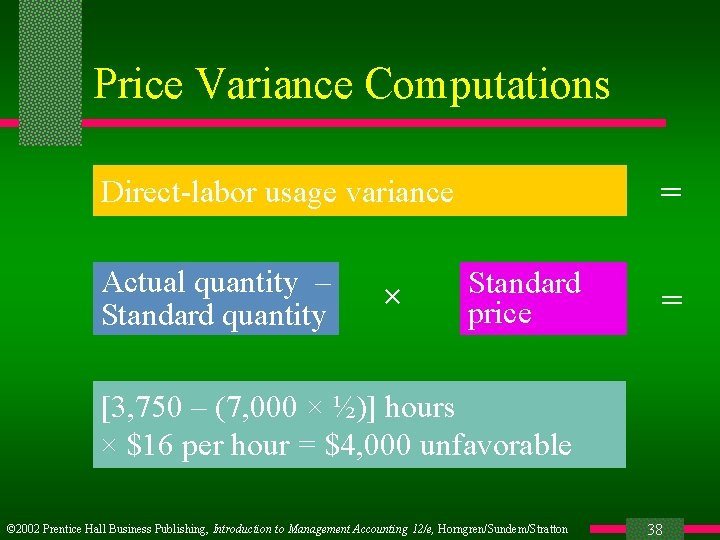 Price Variance Computations = Direct-labor usage variance Actual quantity – Standard quantity × Standard