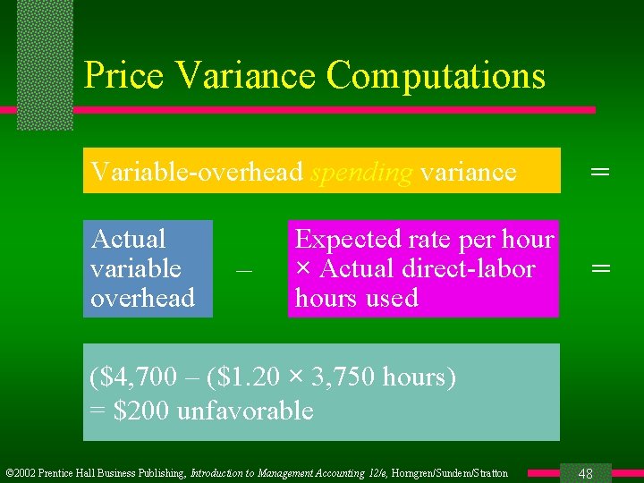 Price Variance Computations Variable-overhead spending variance = Actual variable overhead = – Expected rate