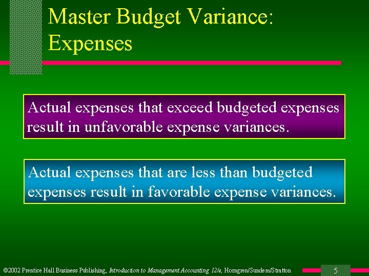 Master Budget Variance: Expenses Actual expenses that exceed budgeted expenses result in unfavorable expense