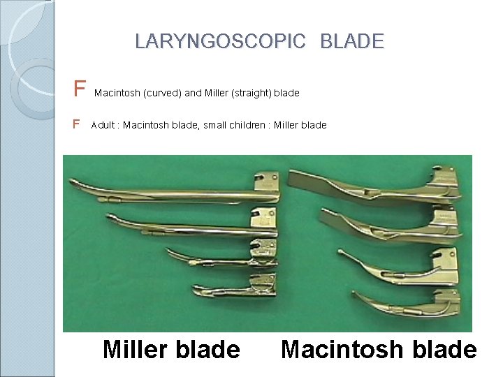 LARYNGOSCOPIC BLADE F Macintosh (curved) and Miller (straight) blade F Adult : Macintosh blade,