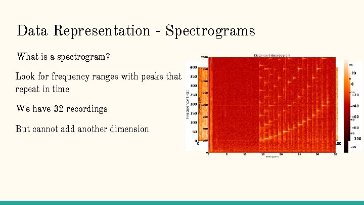 Data Representation - Spectrograms What is a spectrogram? Look for frequency ranges with peaks