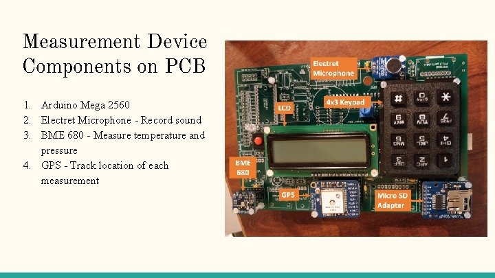 Measurement Device Components on PCB 1. Arduino Mega 2560 2. Electret Microphone - Record