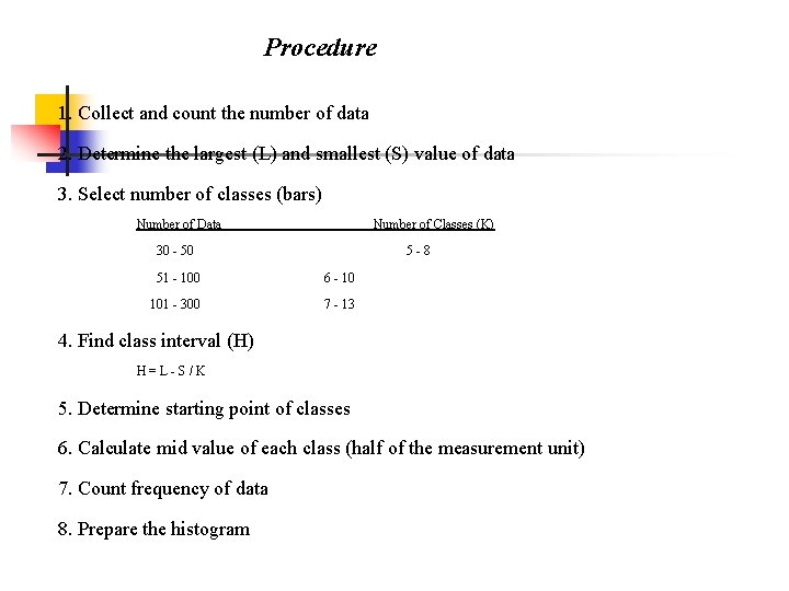 Procedure 1. Collect and count the number of data 2. Determine the largest (L)