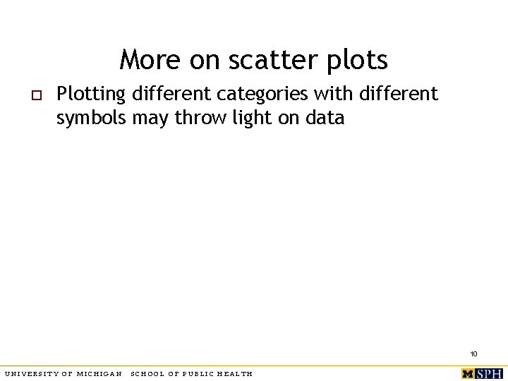 More on scatter plots o Plotting different categories with different symbols may throw light