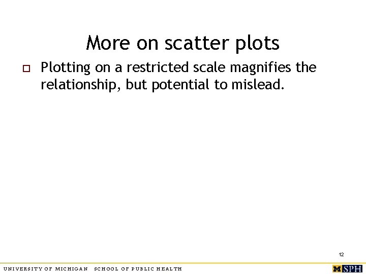 More on scatter plots o Plotting on a restricted scale magnifies the relationship, but