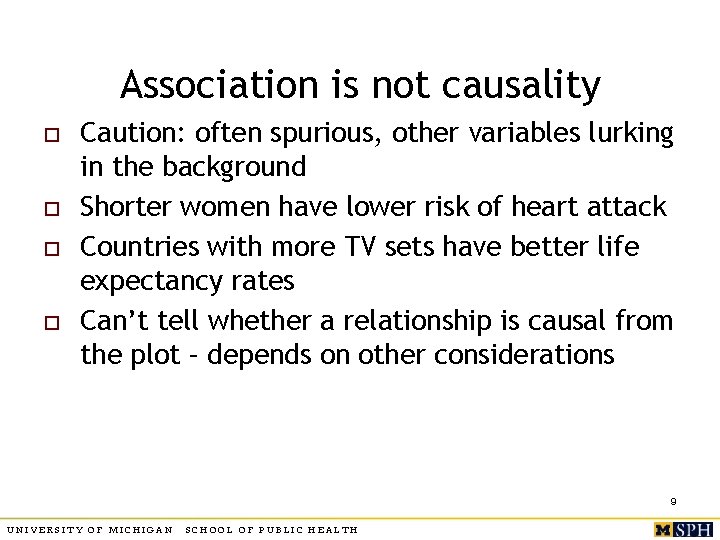 Association is not causality o o Caution: often spurious, other variables lurking in the