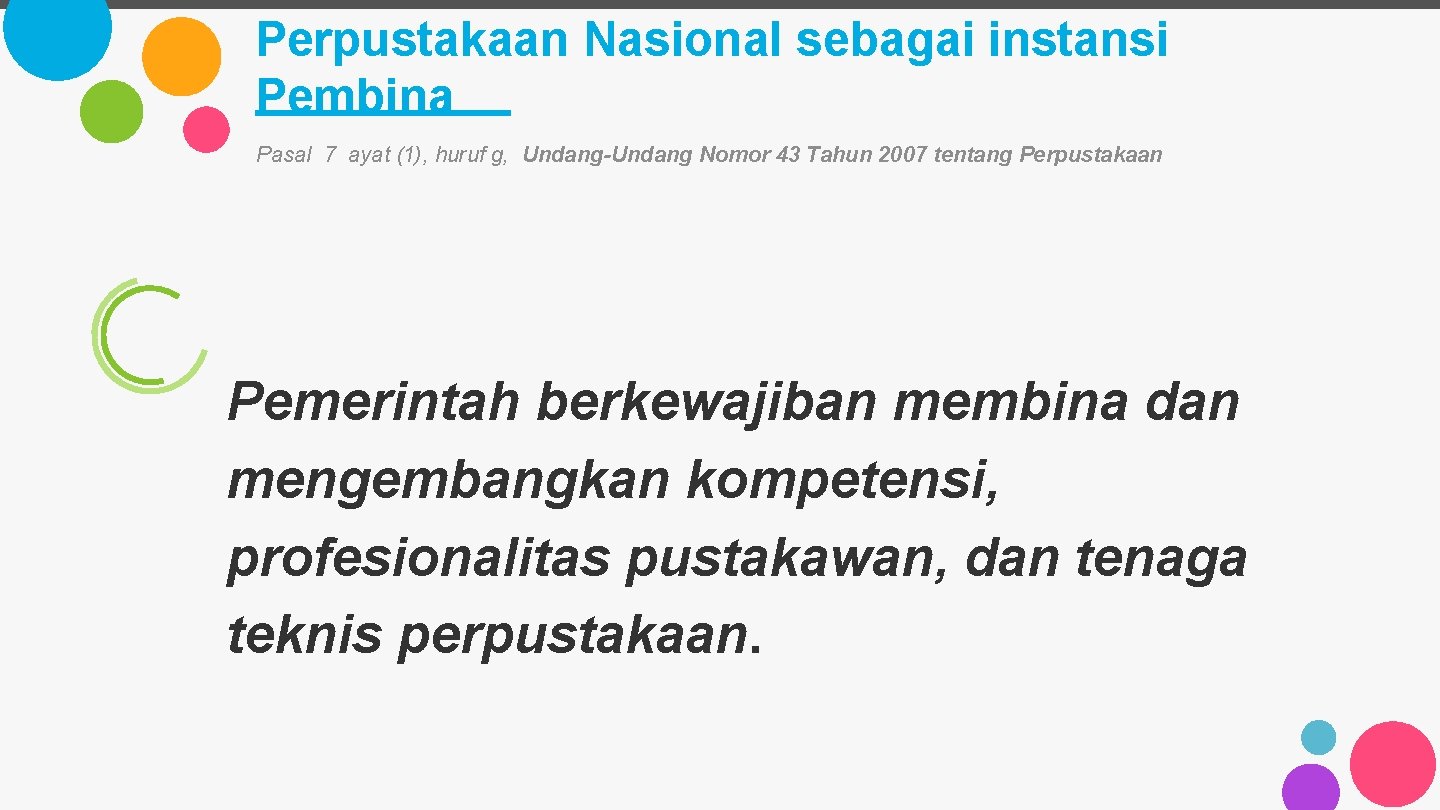 Perpustakaan Nasional sebagai instansi Pembina Pasal 7 ayat (1), huruf g, Undang-Undang Nomor 43