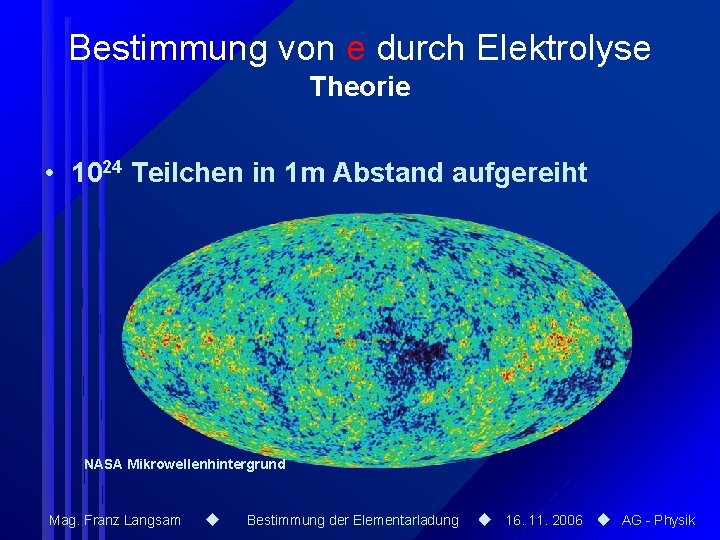 Bestimmung von e durch Elektrolyse Theorie • 1024 Teilchen in 1 m Abstand aufgereiht