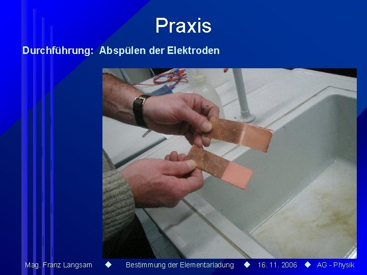 Praxis Durchführung: Abspülen der Elektroden Mag. Franz Langsam Bestimmung der Elementarladung 16. 11. 2006 Praxis Durchführung: Abspülen der Elektroden Mag. Franz Langsam Bestimmung der Elementarladung 16. 11. 2006