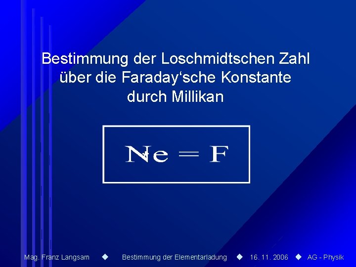 Bestimmung der Loschmidtschen Zahl über die Faraday‘sche Konstante durch Millikan * Mag. Franz Langsam Bestimmung der Loschmidtschen Zahl über die Faraday‘sche Konstante durch Millikan * Mag. Franz Langsam