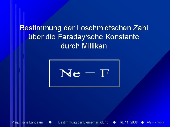 Bestimmung der Loschmidtschen Zahl über die Faraday‘sche Konstante durch Millikan * Mag. Franz Langsam