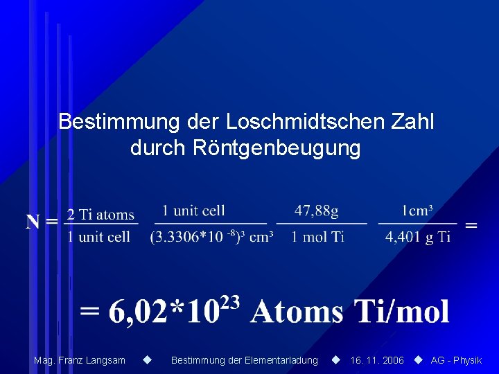 Bestimmung der Loschmidtschen Zahl durch Röntgenbeugung Mag. Franz Langsam Bestimmung der Elementarladung 16. 11.