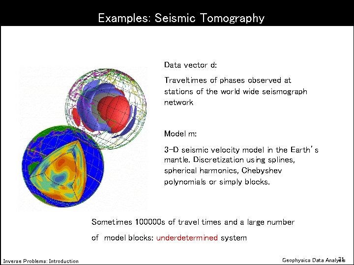 Examples: Seismic Tomography Data vector d: Traveltimes of phases observed at stations of the