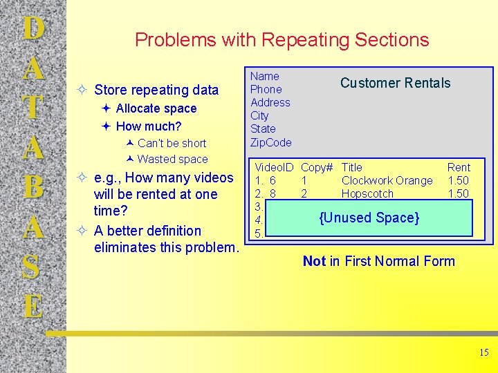 D A T A B A S E Problems with Repeating Sections ² Store