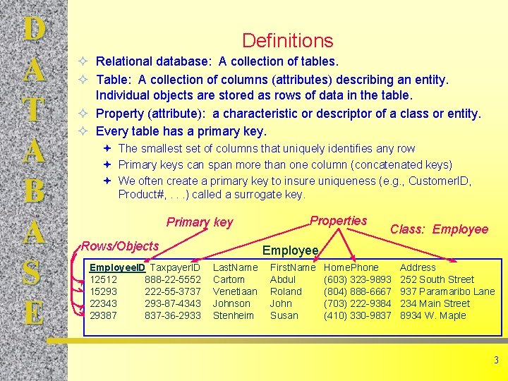 D A T A B A S E Definitions ² Relational database: A collection