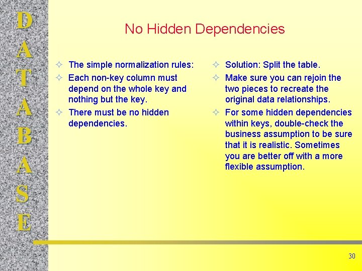 D A T A B A S E No Hidden Dependencies ² The simple