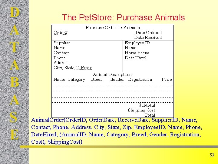 D A T A B A S E The Pet. Store: Purchase Animals Animal.