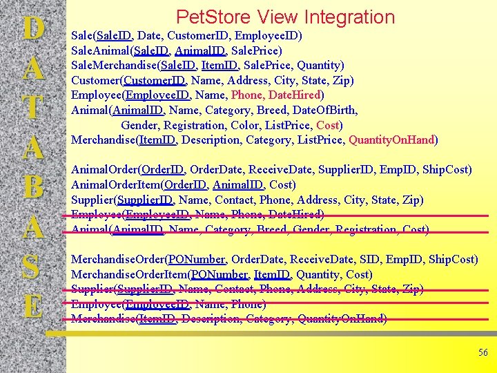 D A T A B A S E Pet. Store View Integration Sale(Sale. ID,