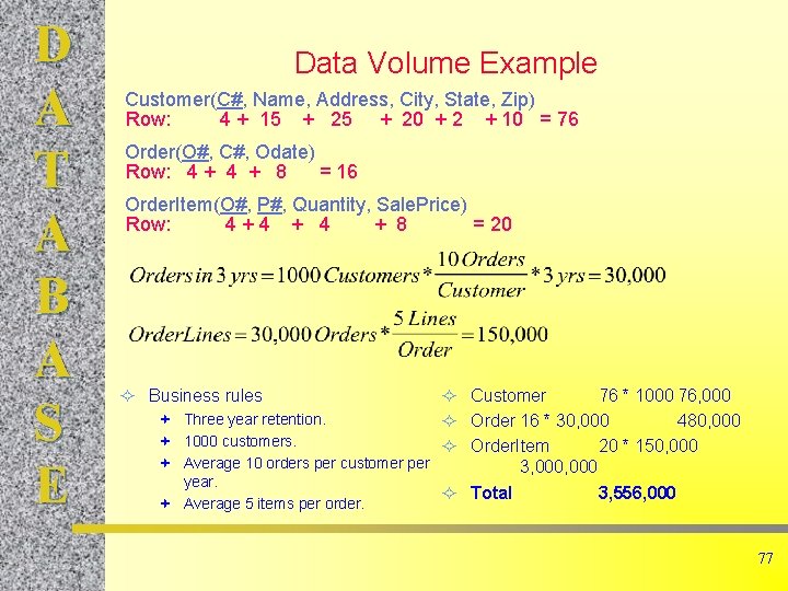 D A T A B A S E Data Volume Example Customer(C#, Name, Address,