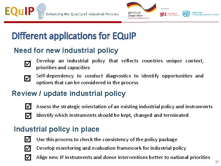 Different applications for EQu. IP Need for new industrial policy Develop an industrial policy