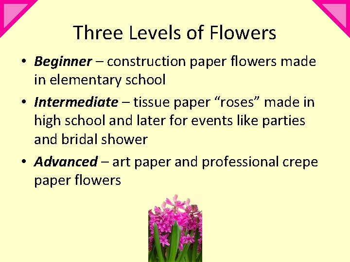 Three Levels of Flowers • Beginner – construction paper flowers made in elementary school