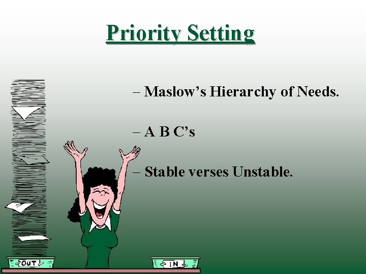 Priority Setting – Maslow’s Hierarchy of Needs. – A B C’s – Stable verses