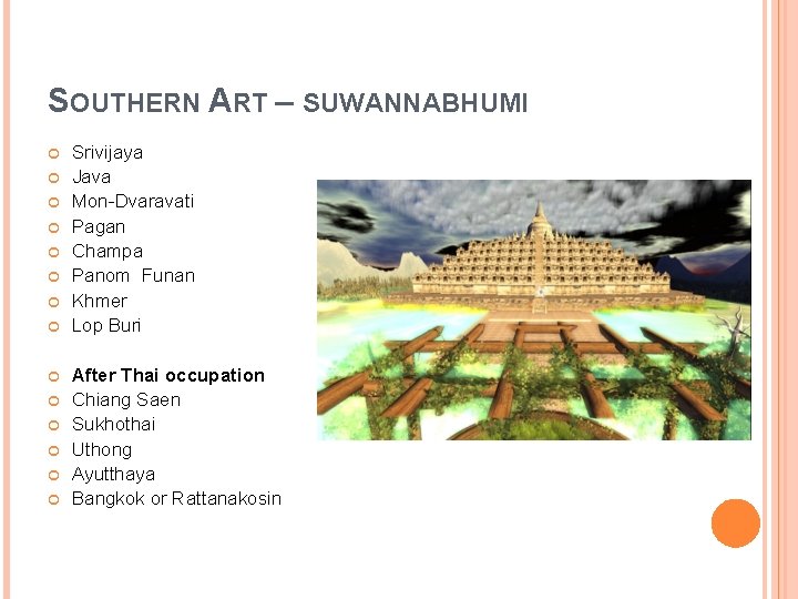 SOUTHERN ART – SUWANNABHUMI Srivijaya Java Mon-Dvaravati Pagan Champa Panom Funan Khmer Lop Buri