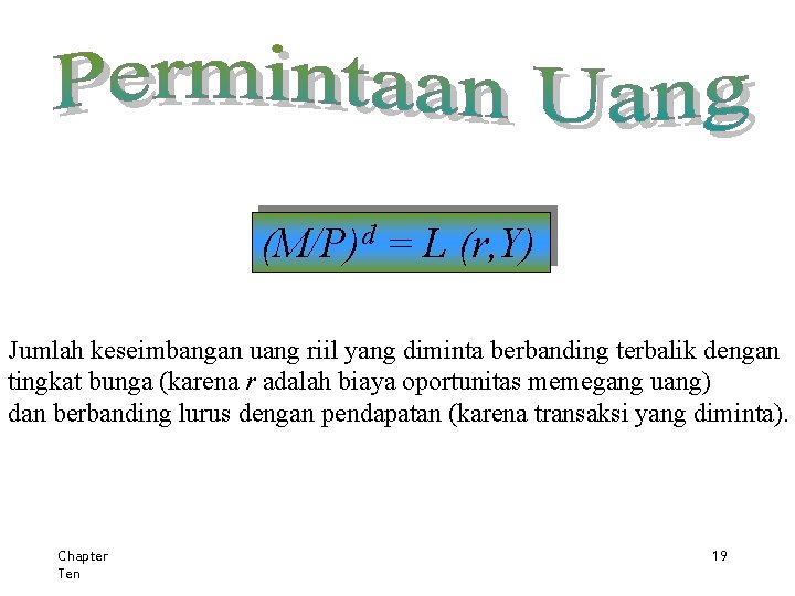 (M/P)d = L (r, Y) Jumlah keseimbangan uang riil yang diminta berbanding terbalik dengan