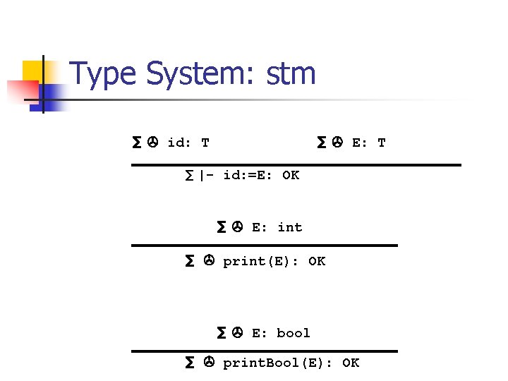 Type System: stm ∑ id: T ∑ E: T ∑ |- id: =E: OK