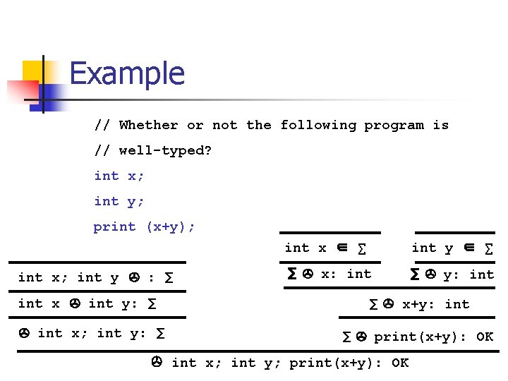 Example // Whether or not the following program is // well-typed? int x; int
